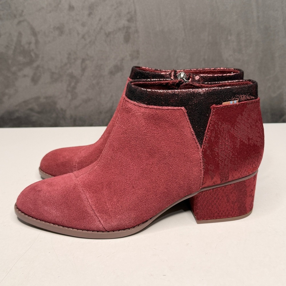 TOMS Loren Ankle Boots Womens Sz 7.5 Burgundy Suede Snake Print Block Heel NWT